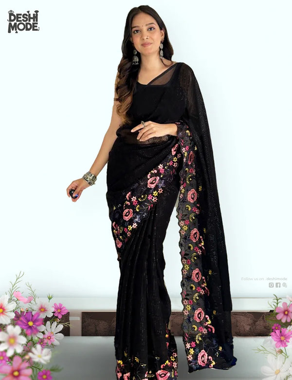 Embroidered Georgette Sharee at Deshi Mode DS-15-BK