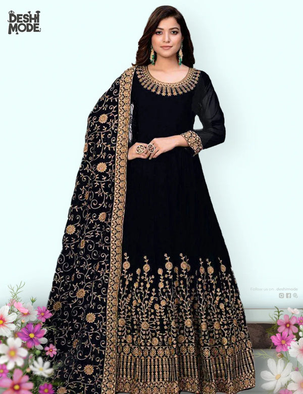 High-Quality Unstitched Embroidered Partywear Gown Dress DM-22-BK
